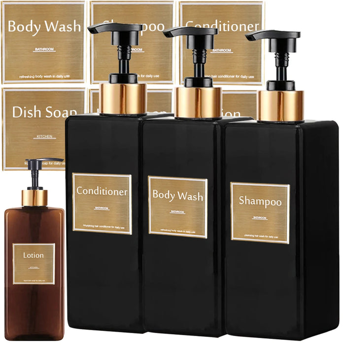 Refillable Shower Soap Dispenser Set – Plastic Shampoo, Conditioner & Hand/Dish Bottles (Brown or Black)