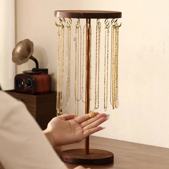 Wooden Jewellery Organiser Tower — 12 or 18 Golden Hooks, Round Base