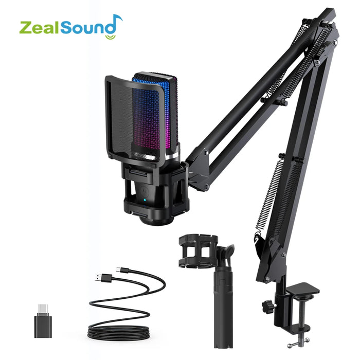 RGB USB Condenser Microphone with Articulated Boom Arm & Tripod for Streaming