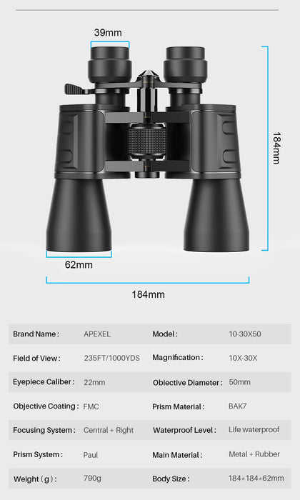 10–30x50 Zoom Binoculars — High-Power for Hunting, Birdwatching & Camping