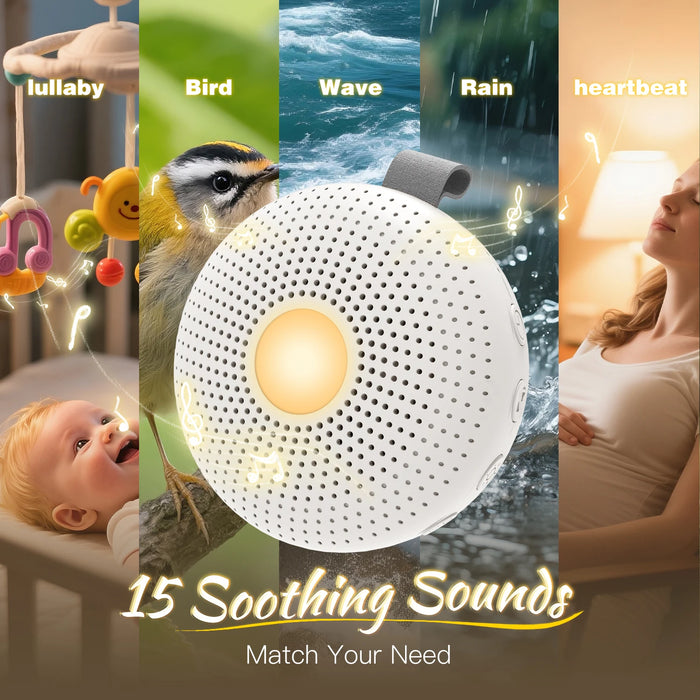 Portable Sleep Sound Machine for Baby & Adult — 15 Sounds, Cry Detection, Night Light, Timer (Rechargeable)