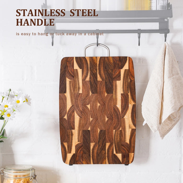 End-grain Acacia Butcher Block Cutting Board with Handle — 395×249×25 mm