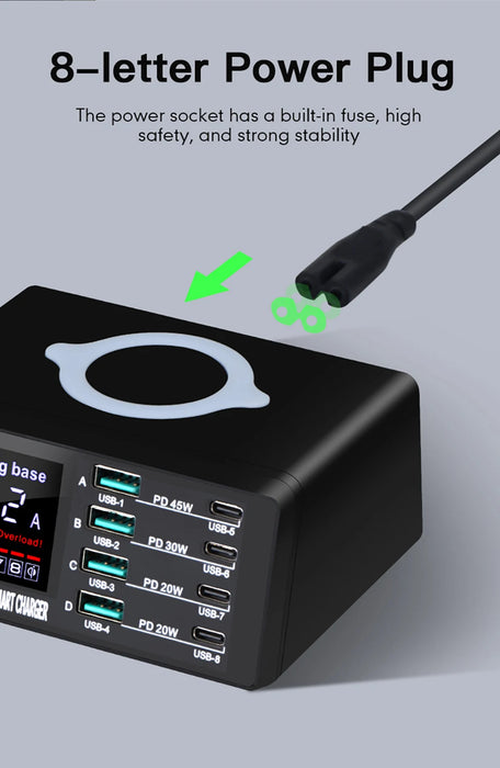 110W 8-Port USB Charging Station — 45W PD USB-C, QC3.0 & 15W Wireless (GaN)