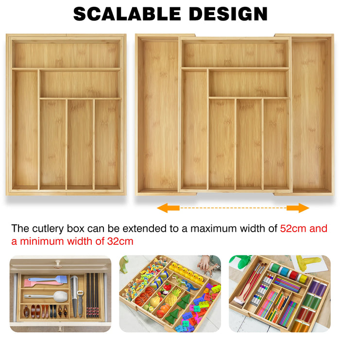Expandable Bamboo Cutlery Tray – 6–8 Compartment Drawer Organiser (32–52cm)