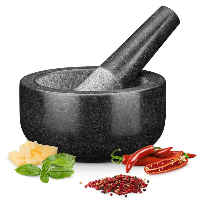 Premium Solid Granite Mortar & Pestle 16cm — Non‑Slip Stone Grinder
