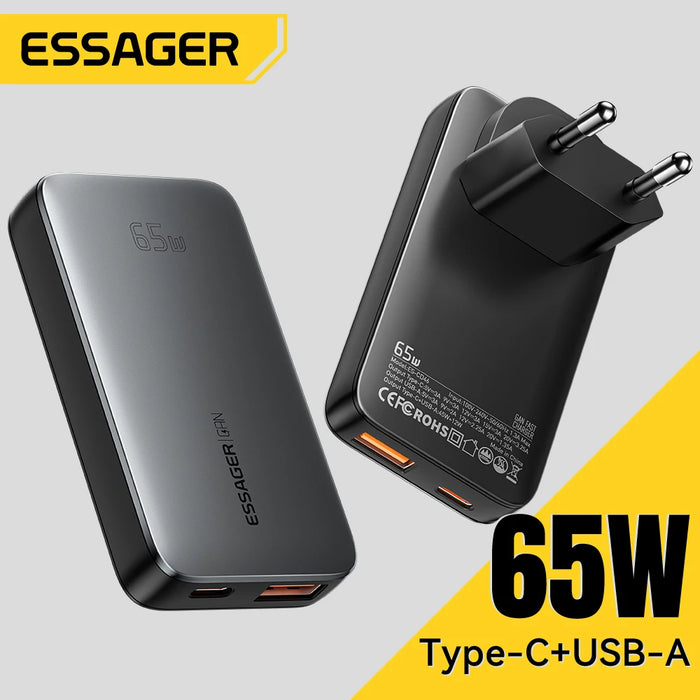 65W GaN USB‑C PD Fast Charger — USB‑A + USB‑C with QC 3.0, UK/EU/US plugs