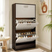 Narrow 3-Tier Flip-Top Shoe Cabinet – Walnut & White Vertical Storage