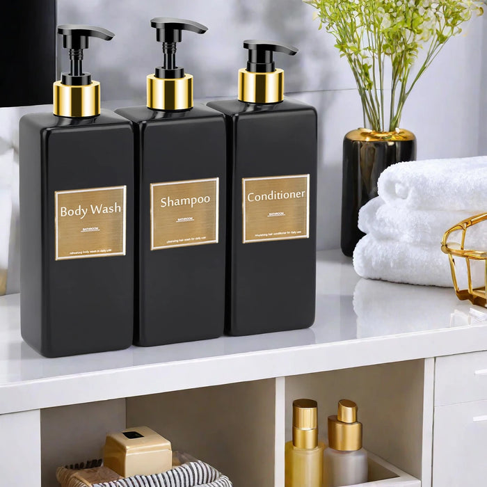 Refillable Shower Soap Dispenser Set – Plastic Shampoo, Conditioner & Hand/Dish Bottles (Brown or Black)