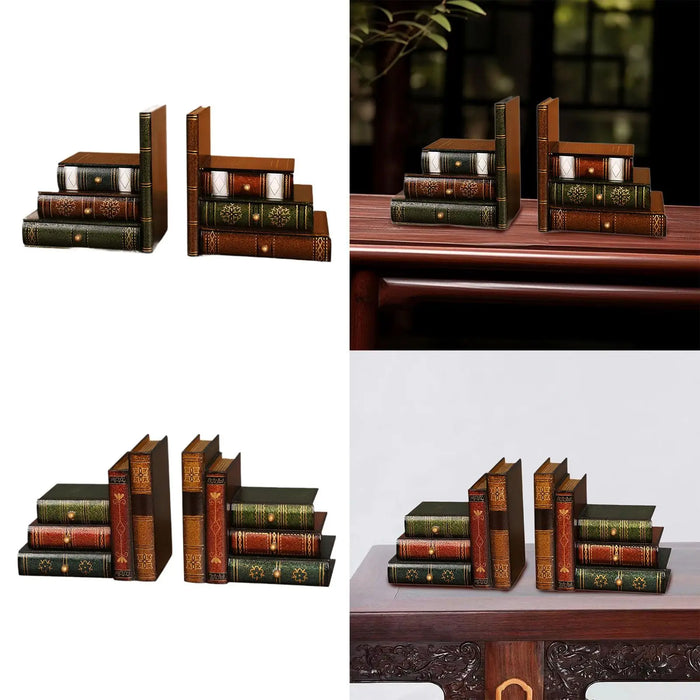 European-Style Faux Book Bookends with Drawers — Wooden Pair