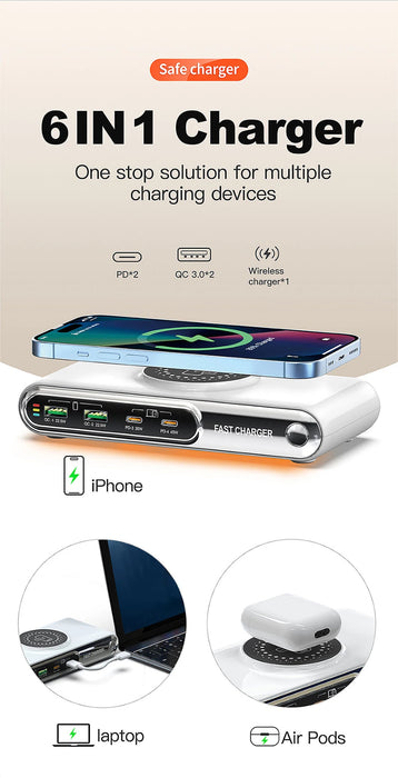 5-in-1 USB-C Charger Station 72W — 4-Port + Magnetic Wireless (PD45W) with LED colour nightlight F9A