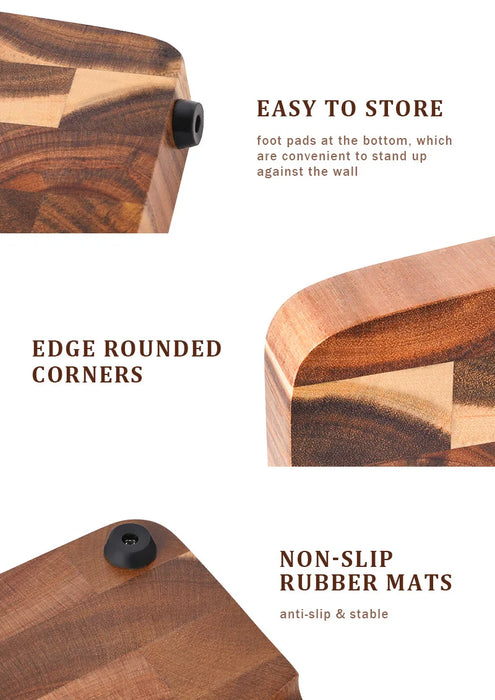 End-grain Acacia Butcher Block Cutting Board with Handle — 395×249×25 mm