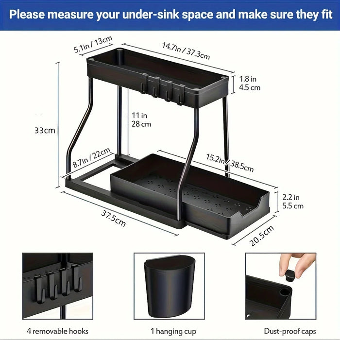 2-Tier Pull-Out Drawer Organiser — Foldable Plastic Storage for Kitchen & Bathroom