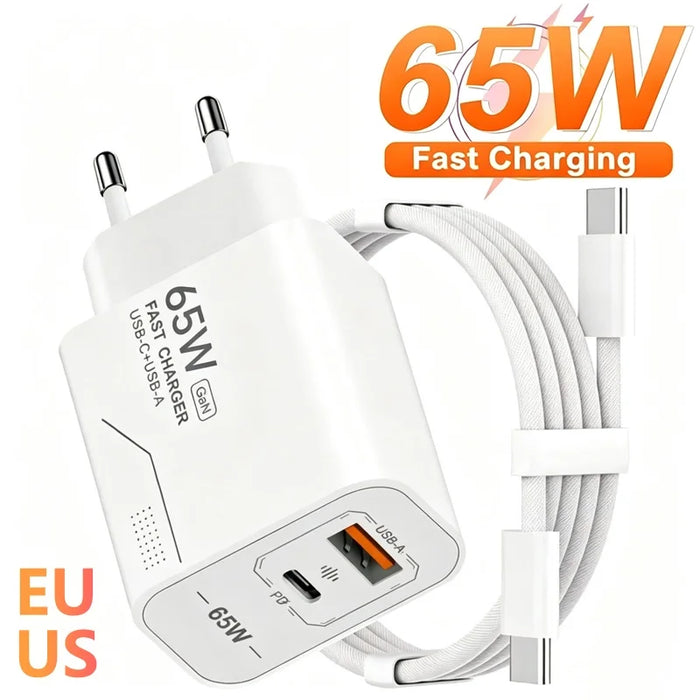 65W GaN Dual-Port USB Charger — USB-C & USB-A, EU/US Plug Options