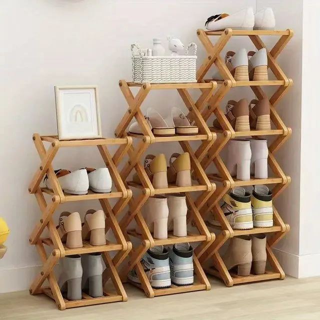 Bamboo Foldable Shoe Rack — Narrow Freestanding Shelf, 4/5/6-Tier for Hallway & Bedroom