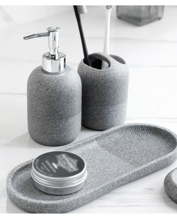 5-Piece Bathroom Accessory Set — Lotion Dispenser, Toothbrush Holder, Tumbler, Soap Dish & Tray (Beige or Grey)