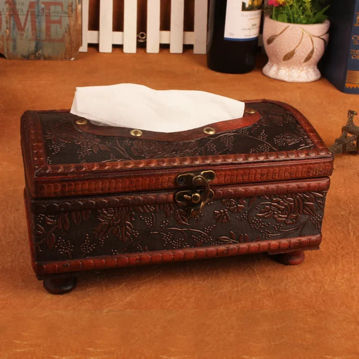 Royal-style Torched Wood Tissue Box Cover – Brown, Four-Leg Design