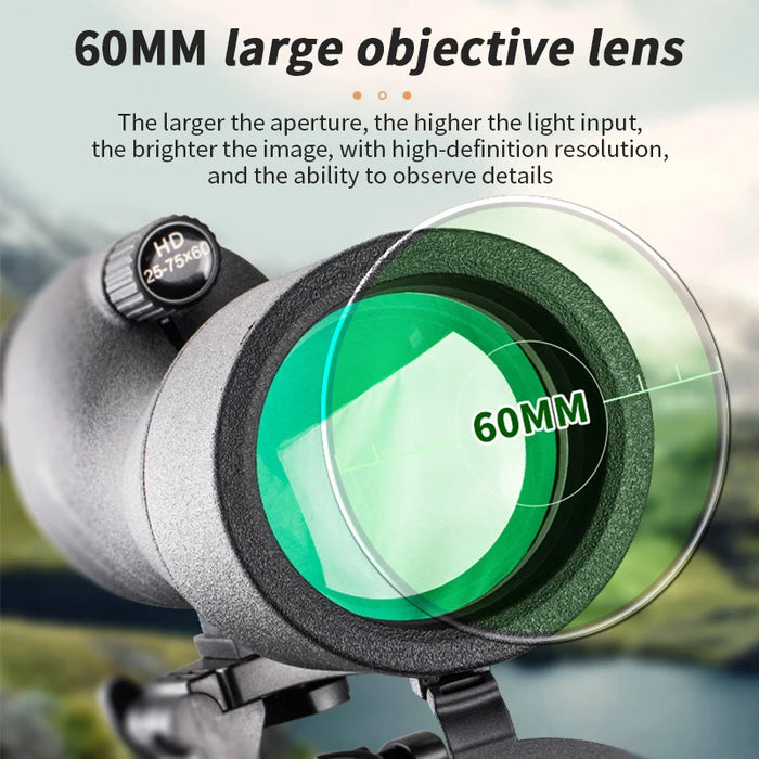 25–75x60 HD Spotting Scope Monocular — Waterproof Zoom for Birdwatching & Camping