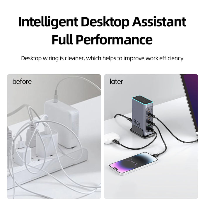 660W GaN 8-Port Desktop Charger — 100W USB‑C PD & Quick Charge 3.0