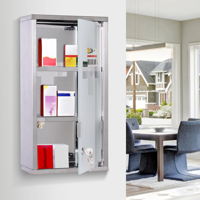 Lockable Wall‑Mounted Medicine Cabinet with Safety Glass Door, Silver, 48cm
