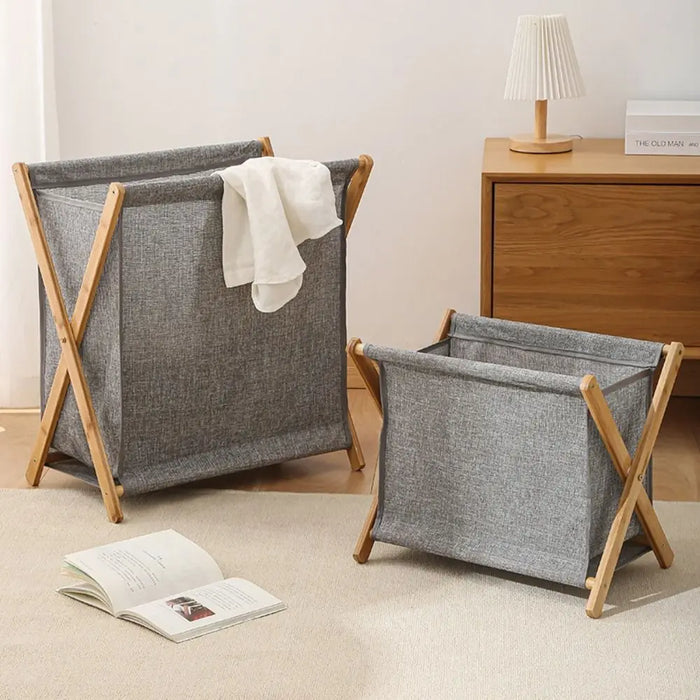 Foldable Laundry Basket with Bamboo Frame — Cotton‑Linen Hamper 40×30×38cm