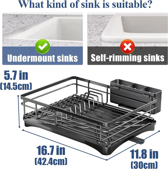 Steel 1-Tier Dish Rack with Angled Drainboard & 3-Slot Cutlery Caddy — Black