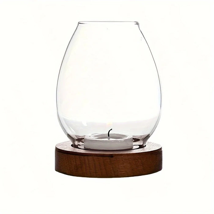 European Clear Glass Candle Holder with Wooden Base | Warm Ambient Lighting