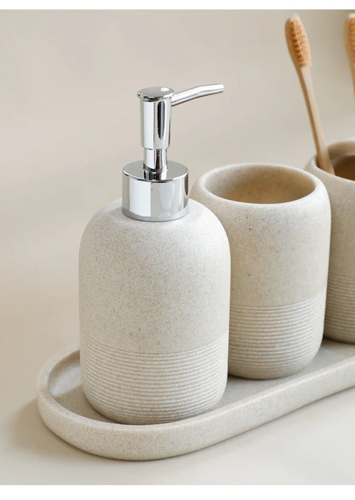 5-Piece Bathroom Accessory Set — Lotion Dispenser, Toothbrush Holder, Tumbler, Soap Dish & Tray (Beige or Grey)