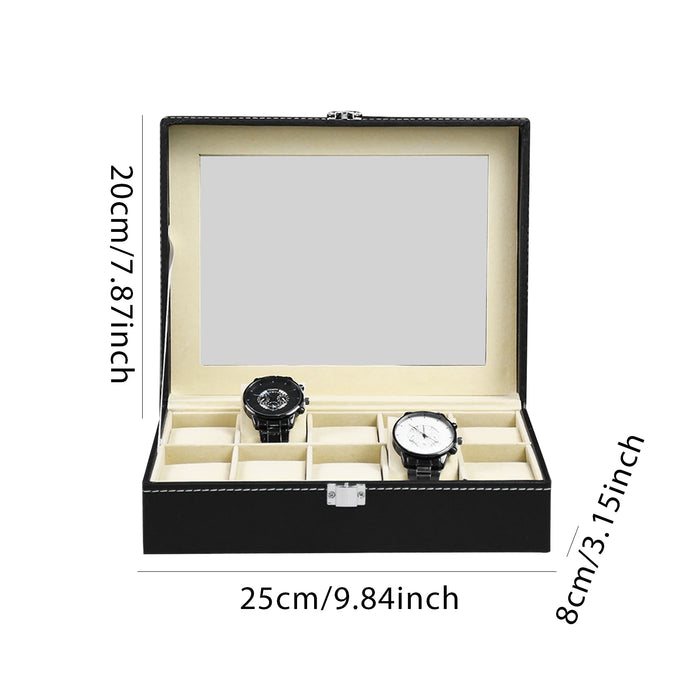 PU Leather Watch Display Box — 10 or 12-Slot Glass-Top Case
