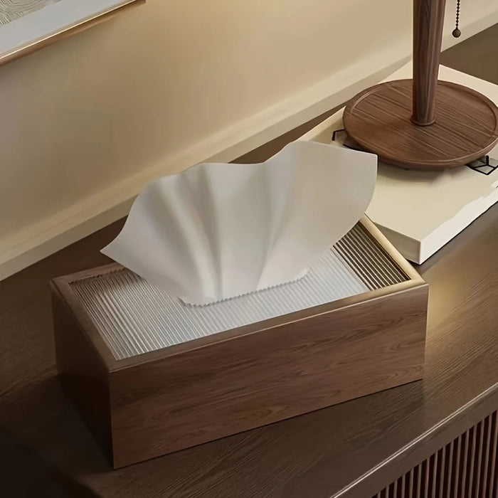 Black Walnut-Pattern Wooden Tissue Box with Paper Drawer — Brown