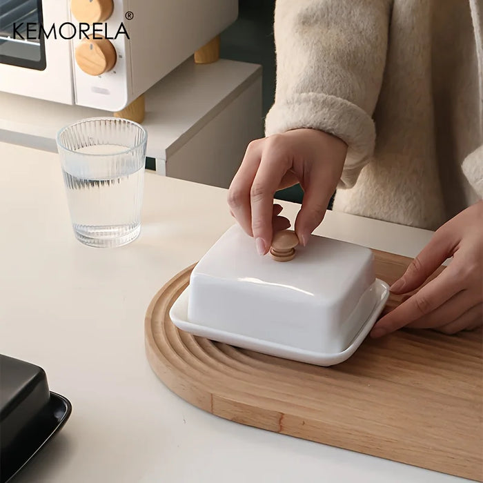 Ceramic Rectangular Butter Dish with Sealable Lid — Cheese Storage, White or Black