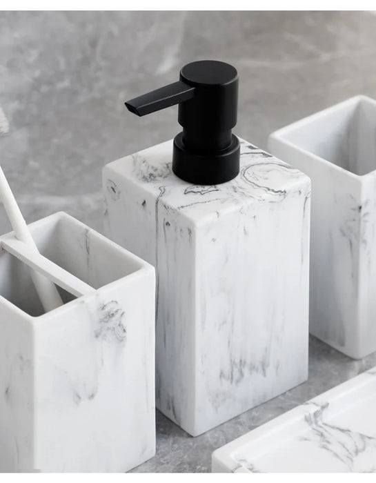 4-Piece Marble-Pattern Resin Bathroom Set — Lotion/Soap Dispenser, Toothbrush Holder, Tumbler & Tray (Black or White)