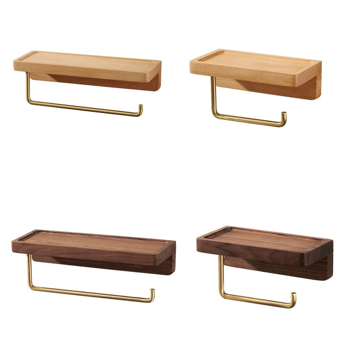 Wall-Mounted Toilet Roll Holder with Wood Shelf and Brass Fittings – Single Roll