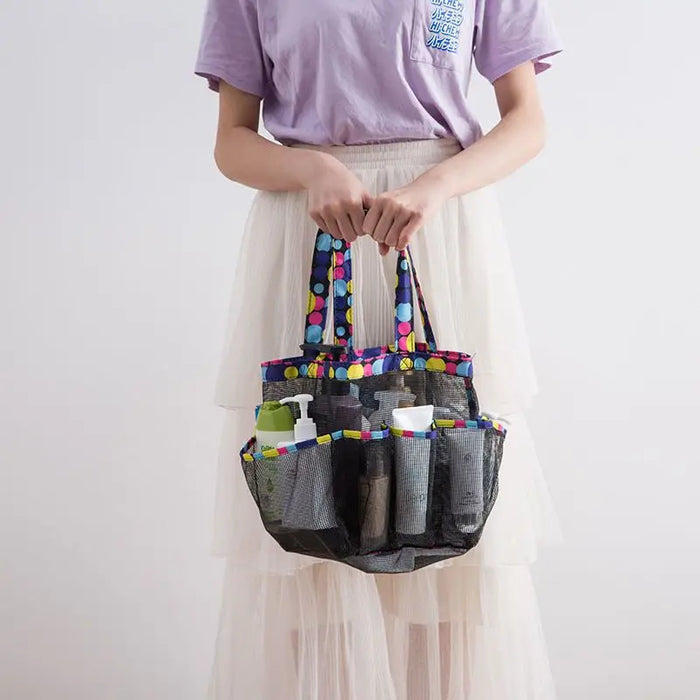 Mesh Shower Caddy Tote – Portable Bathroom & College Organiser, 8-pocket, Oxford Handles, Black