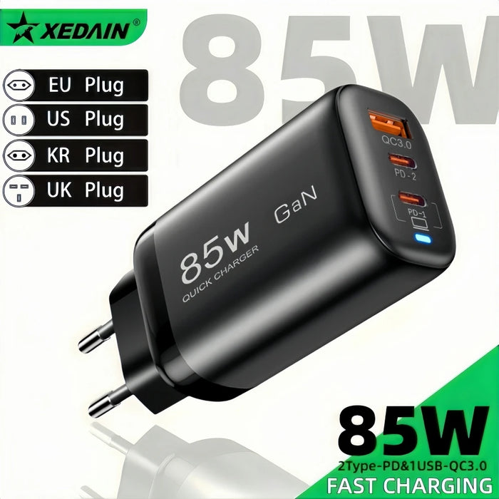 85W GaN USB‑C Charger – PD/PPS/QC Fast Charge, 2x USB‑C + USB‑A (UK/EU/US/KR)