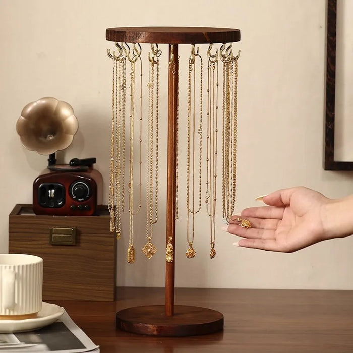 Wooden Jewellery Organiser Tower — 12 or 18 Golden Hooks, Round Base