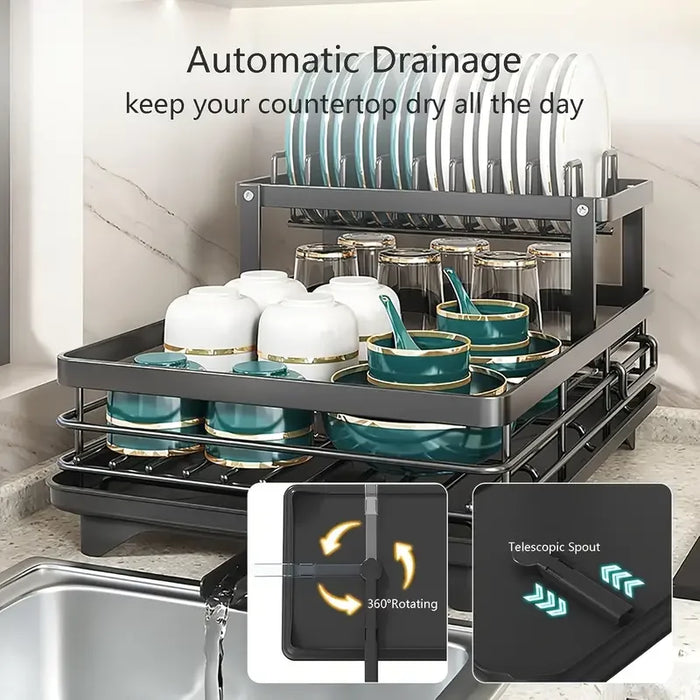 2-Tier Dish Drainer Rack with Drip Tray and Swivel Drain Spout, Utensil & Cup Holders
