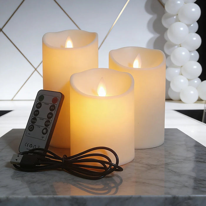 3pc USB Rechargeable Flameless LED Candles with Remote — Home, Wedding & Valentine Decor