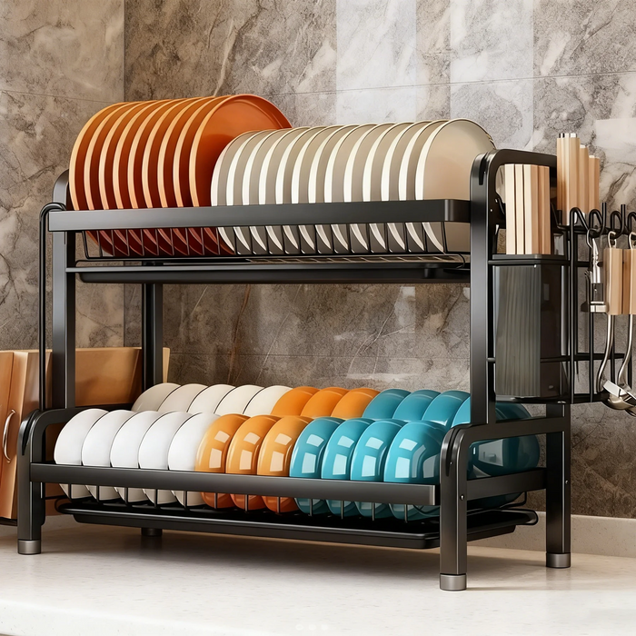 Large 2- or 3-Tier Carbon Steel Dish Rack – Auto-Draining Kitchen Organiser (Black)