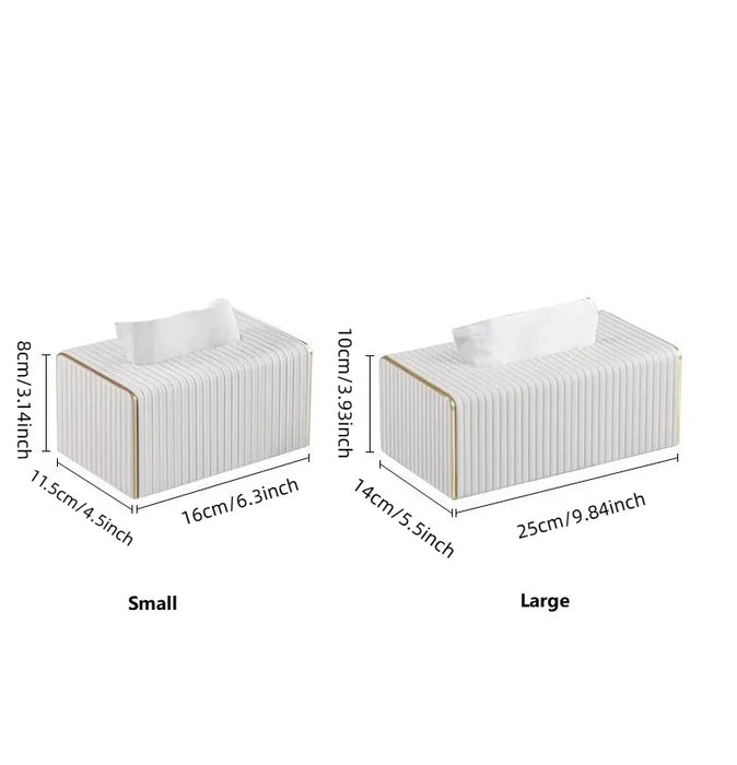 White Rectangular Leather Tissue Box Cover with Gold-Tone Edging — Small 16×11.5×8cm