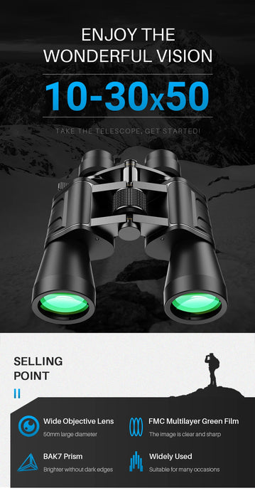 10–30x50 Zoom Binoculars — High-Power for Hunting, Birdwatching & Camping