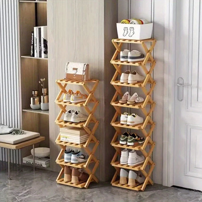 Bamboo Foldable Shoe Rack — Narrow Freestanding Shelf, 4/5/6-Tier for Hallway & Bedroom