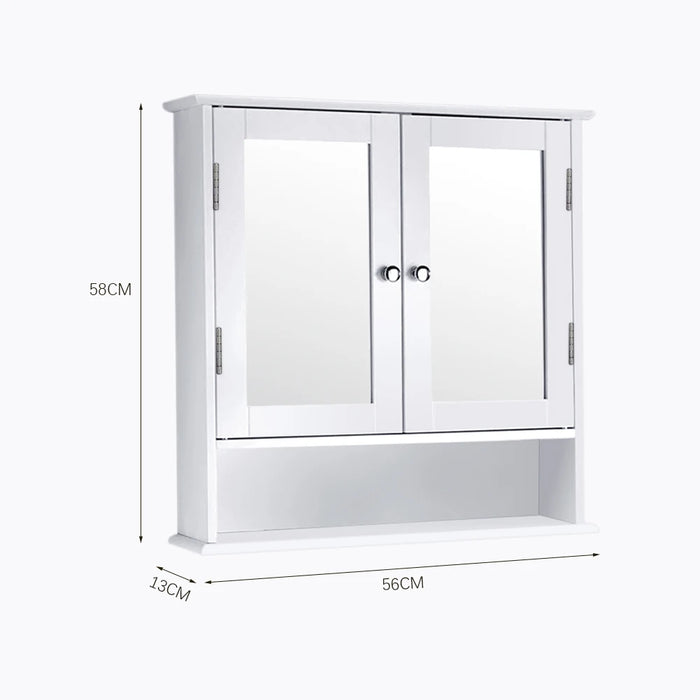 Double‑Door Wall‑Mounted Mirror Cabinet with Open Shelves, 56 x 13 x 58cm, White