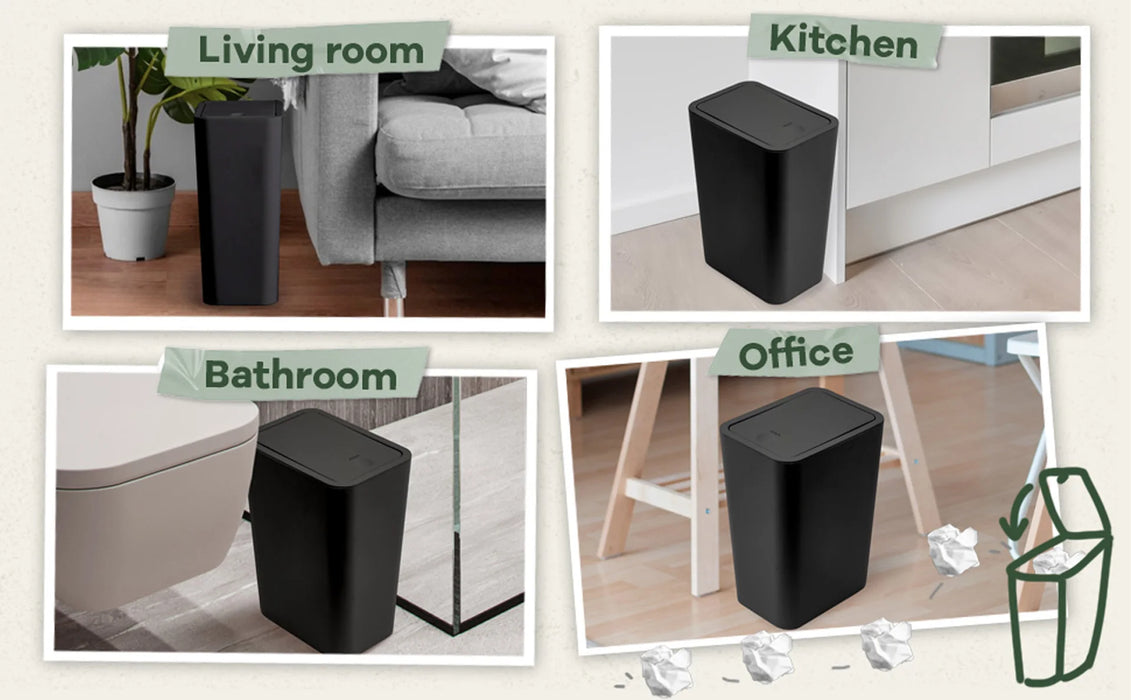 10L Slim Bathroom Bin with Press-Top Lid - Compact Plastic Wastebasket for Toilet, Bedroom & Living Room
