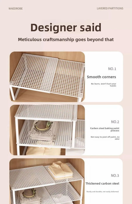 Adjustable Wardrobe Layered Shelves — Retractable Storage Rack for Closet, Cabinet and Shoe Organisation