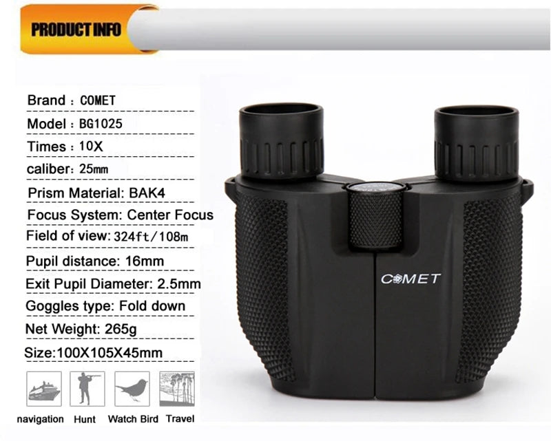 10x25 Folding Compact Binoculars — 10x Magnification, BAK4 Prism, FMC Lens