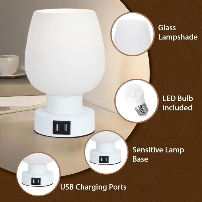 Moderne Touch Control LED Bureaulamp - Dimmen, Flikkervrij, Witte Glazen Kap Nachtlampje - Perfect voor Gemakkelijke Bedverlichting