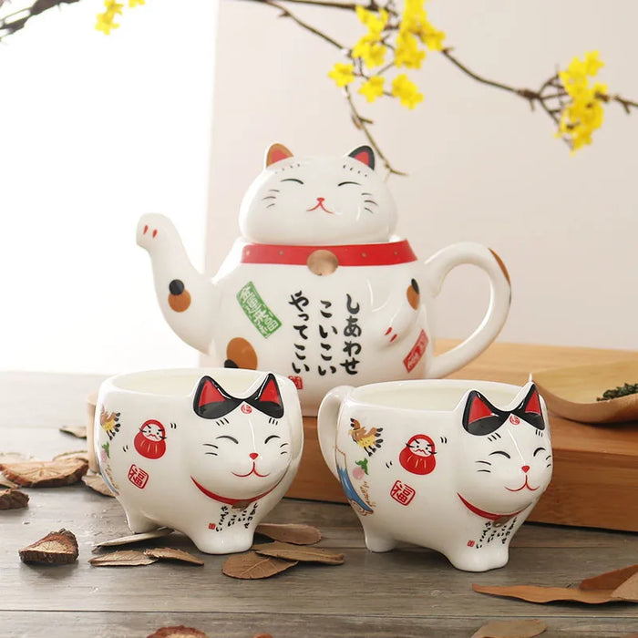 Japanese-style Maneki Neko Porcelain Tea Set with Strainer