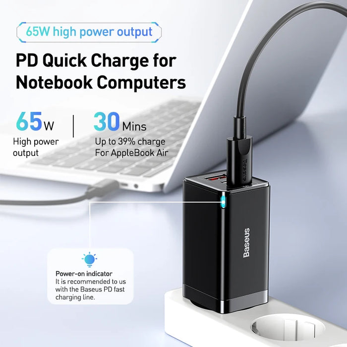 Baseus GaN5 Pro 65W Fast Charger – 3‑Port USB‑C PD & QC with 1m 100W Cable