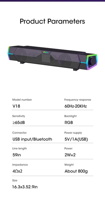 4D Bluetooth 5.0 Computer Soundbar — USB-Powered Stereo with RGB Lights