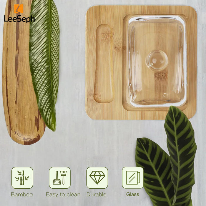 Bamboo Butter Dish with Glass Lid & Cutter — Reusable Butter Storage Case